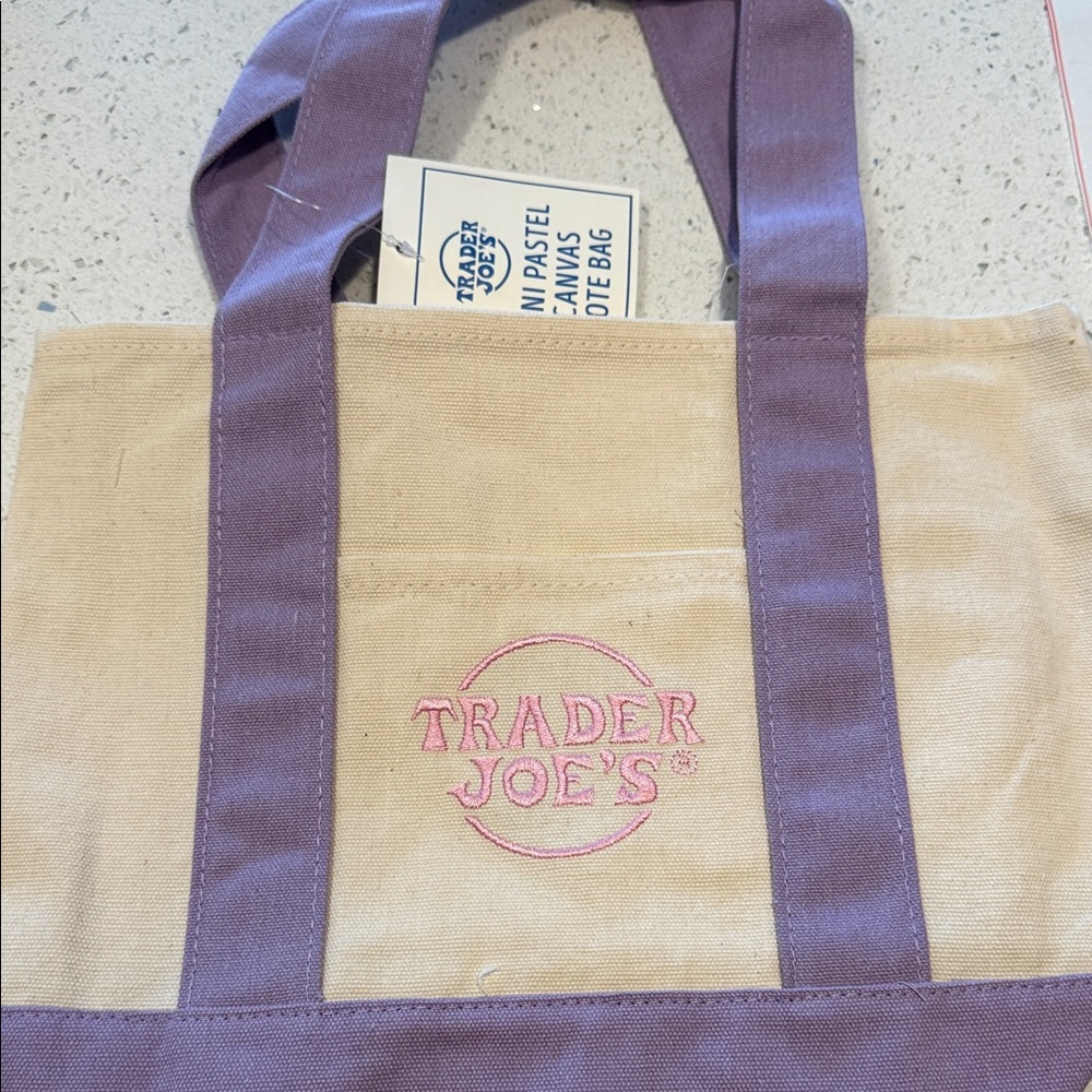 Trader Joe's Beige Canvas Tote with Lavender Handles